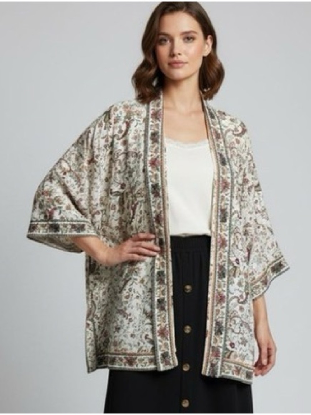 Max Studio Cream Paisley Open Kimono with Multi-Color Accents